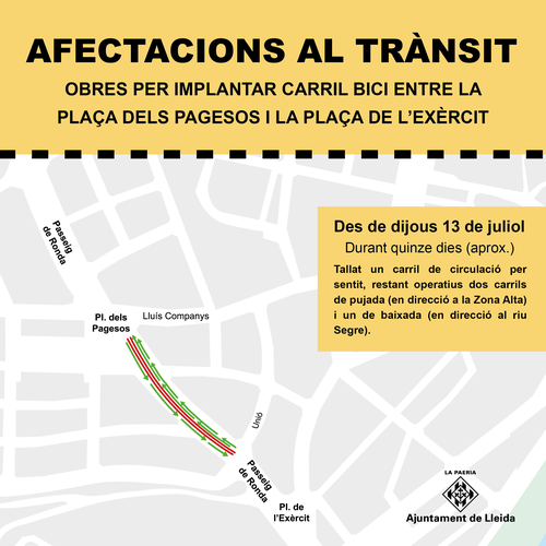 Imatge de la notícia La Paeria inicia aquest dijous les obres per implantar carril bici i millorar la mobilitat entre la plaça dels Pagesos i la plaça de l’Exèrcit