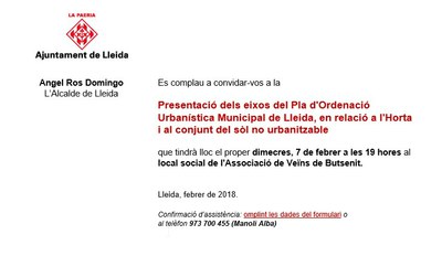 Imatge del event Presentació dels eixos del Pla d'Ordenació Urbanística Municipal de Lleida, en relació a l'Horta i al conjunt del sòl no urbanitzable